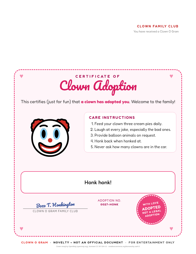 Certificate of Clown Adoption with care instructions
