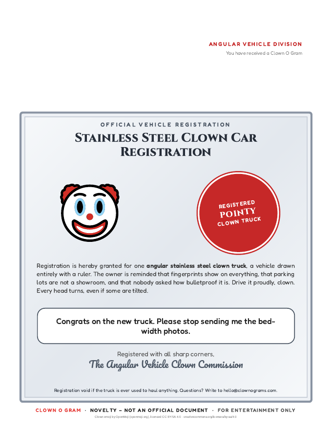 Stainless Steel Clown Car Registration