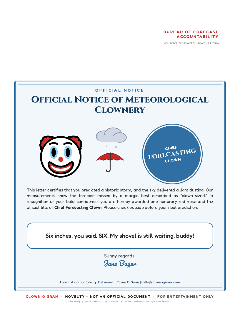 Official Notice of Meteorological Clownery: a clown, a storm cloud and an umbrella, with a Chief Forecasting Clown seal