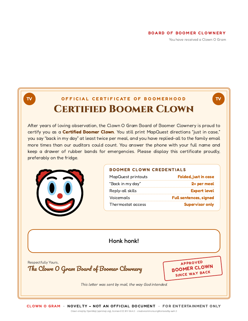 Certified Boomer Clown certificate from the Board of Boomer Clownery