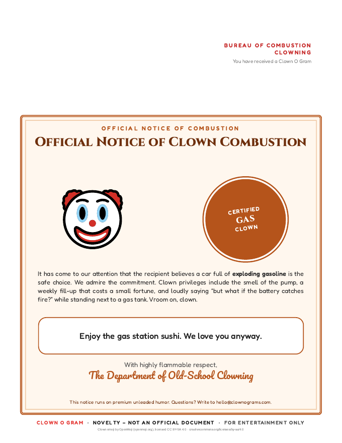Official Notice of Clown Combustion