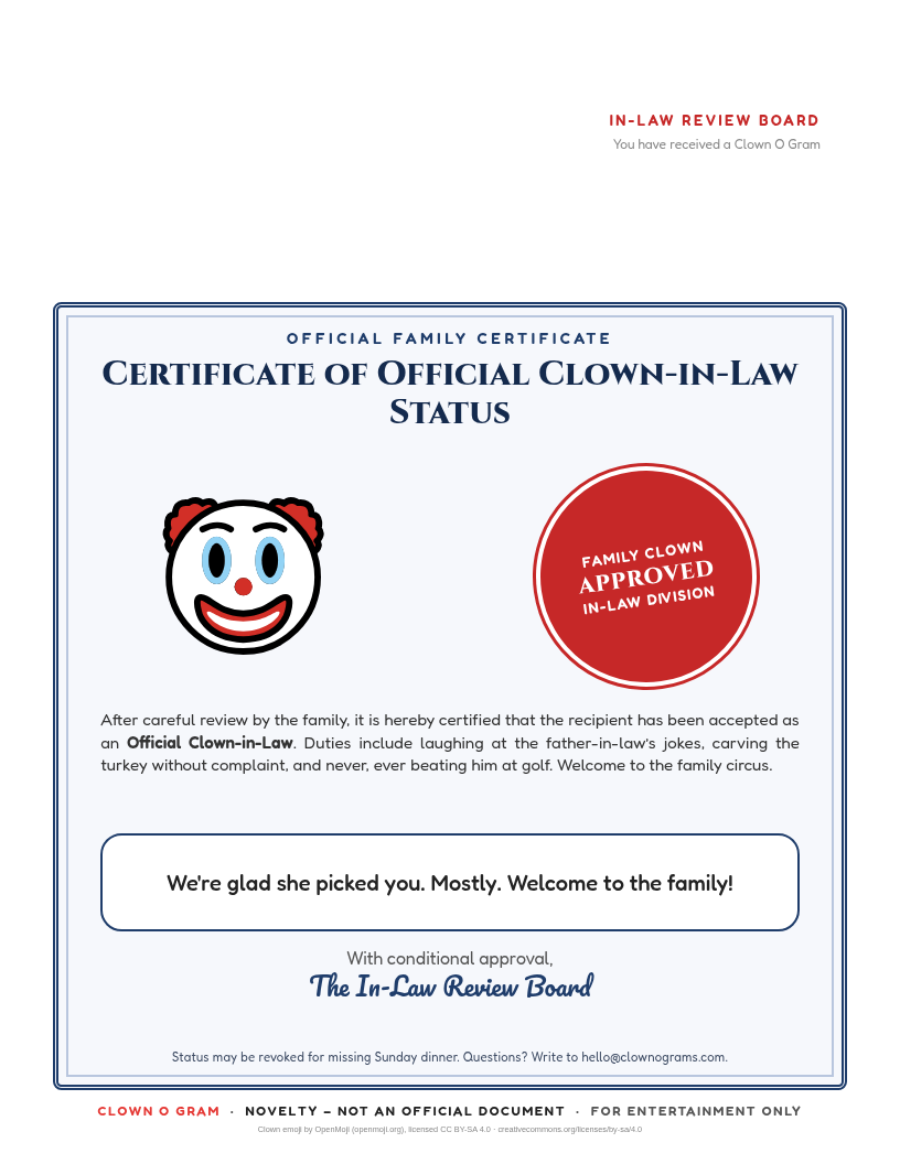 Certificate of Official Clown-in-Law Status with a Family Clown Approved seal