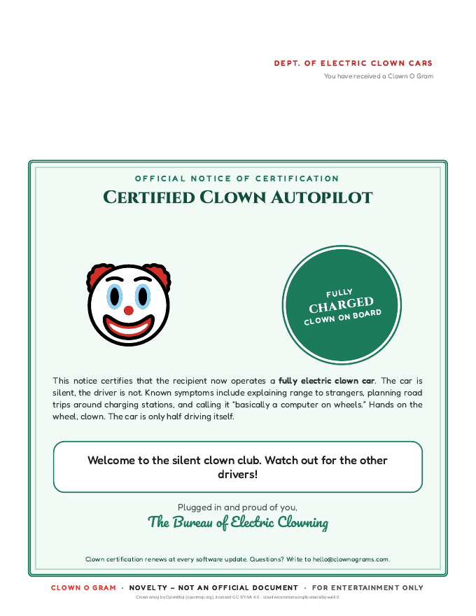 Certified Clown Autopilot certificate