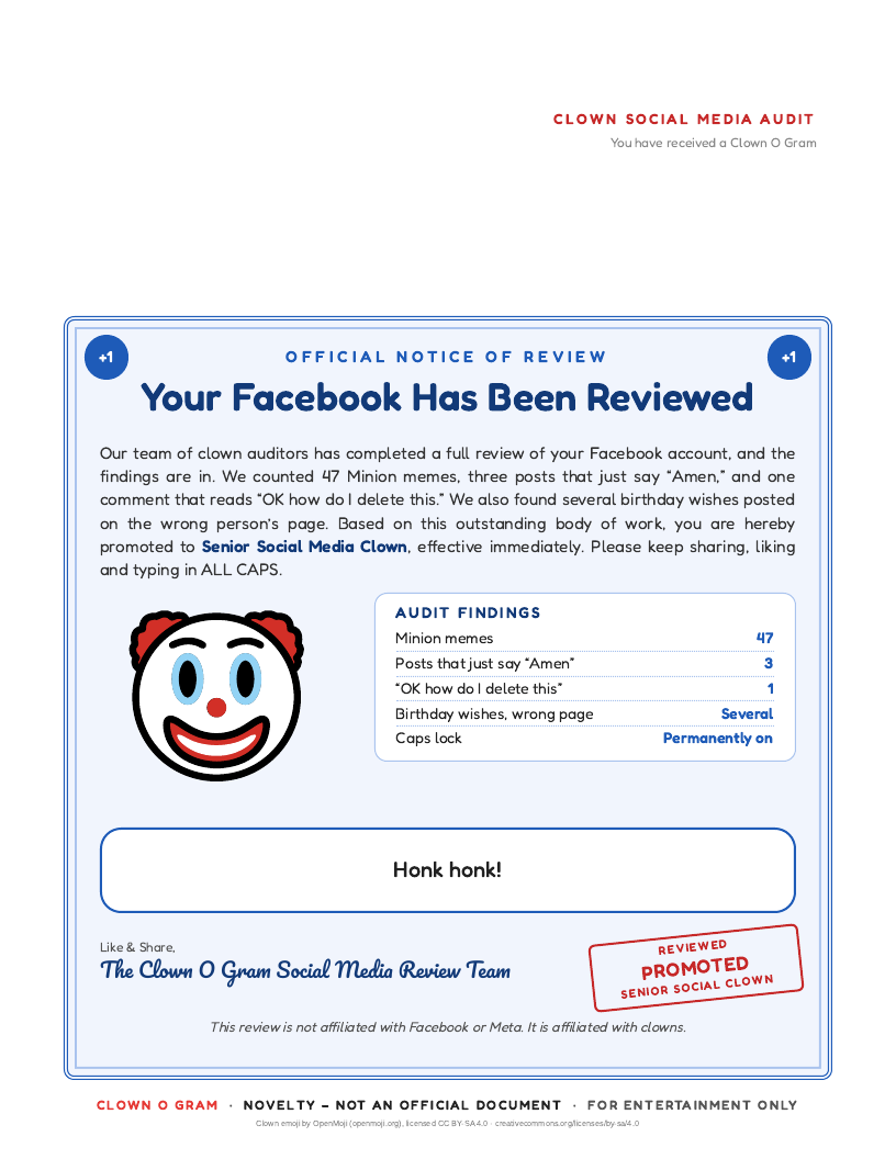 Official notice: Your Facebook Has Been Reviewed by clown auditors