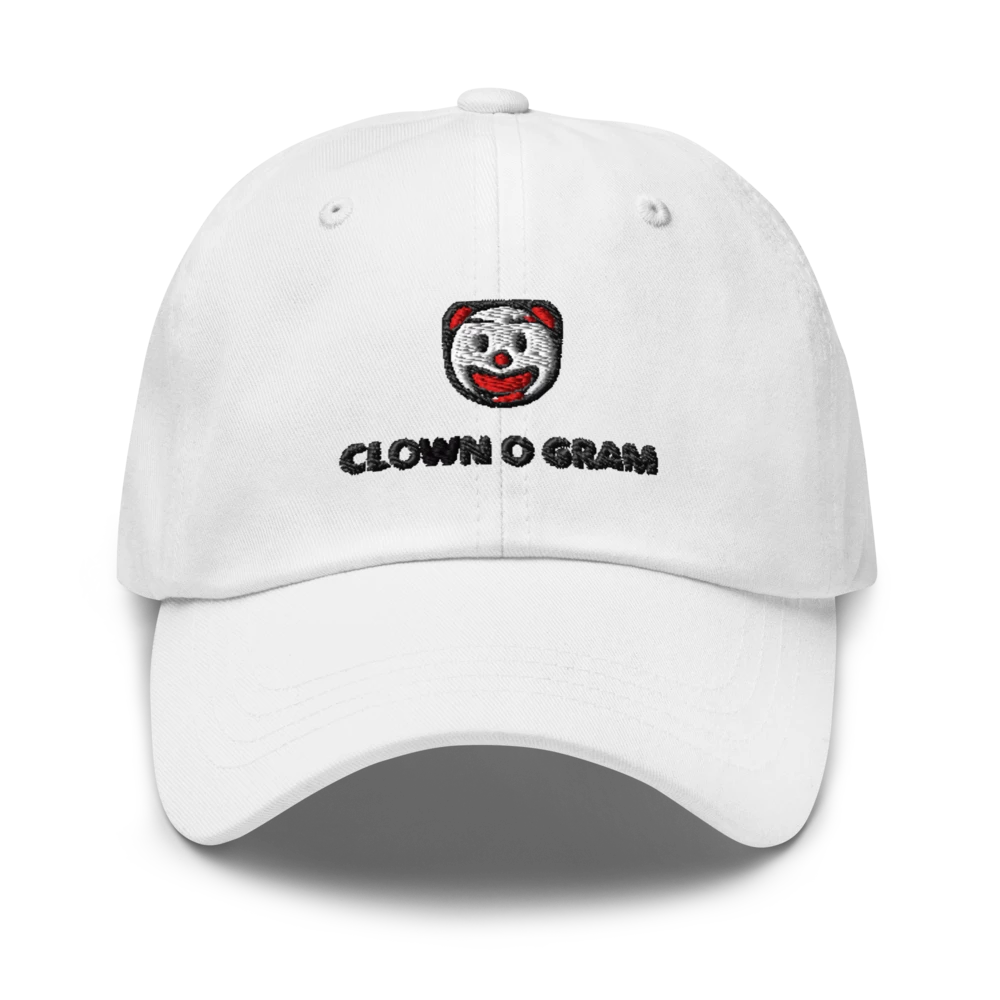 COG Dad Hat: white dad hat with an embroidered clown