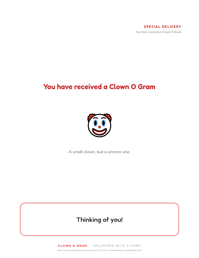 Mini Classic Clown O Gram: the classic letter with a small clown