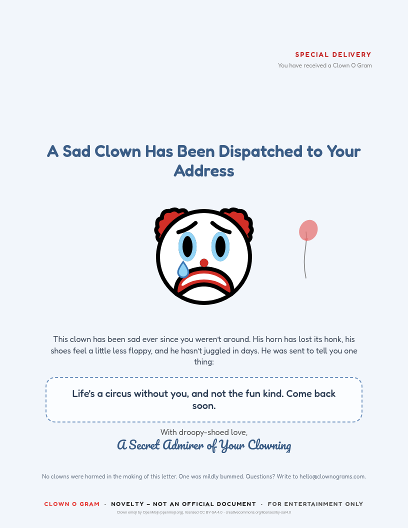 Sad Clown letter: a teary clown with a drooping balloon