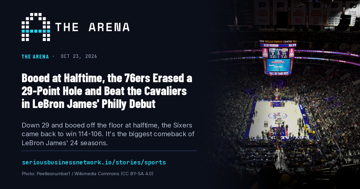 A packed arena in Philadelphia during a 76ers home game, seen from the upper deck