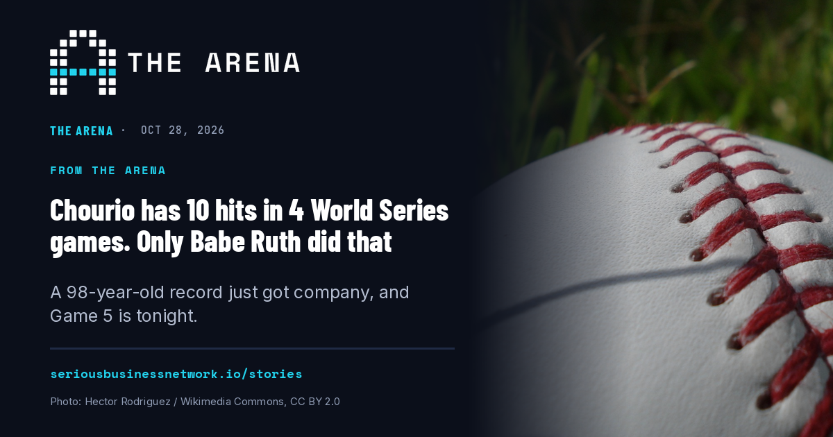 The Arena share card with a close-up of a baseball's red stitching on grass