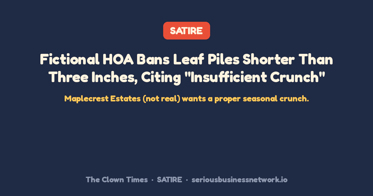 Satire card from The Clown Times about a made-up HOA leaf-pile rule