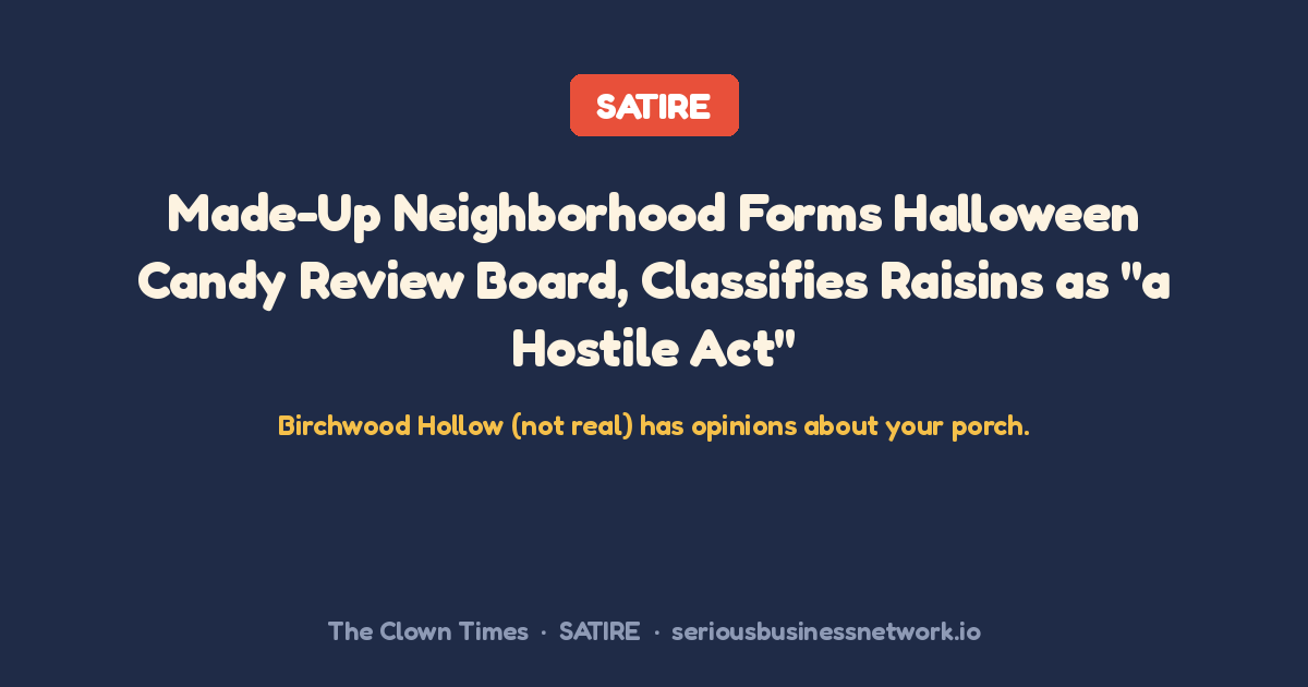 Satire card from The Clown Times about a made-up neighborhood candy review board