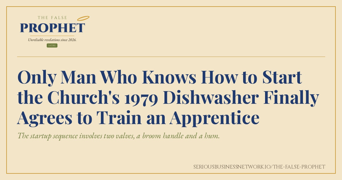 Share card for The False Prophet satire piece about a church's 1979 dishwasher that only one man can start