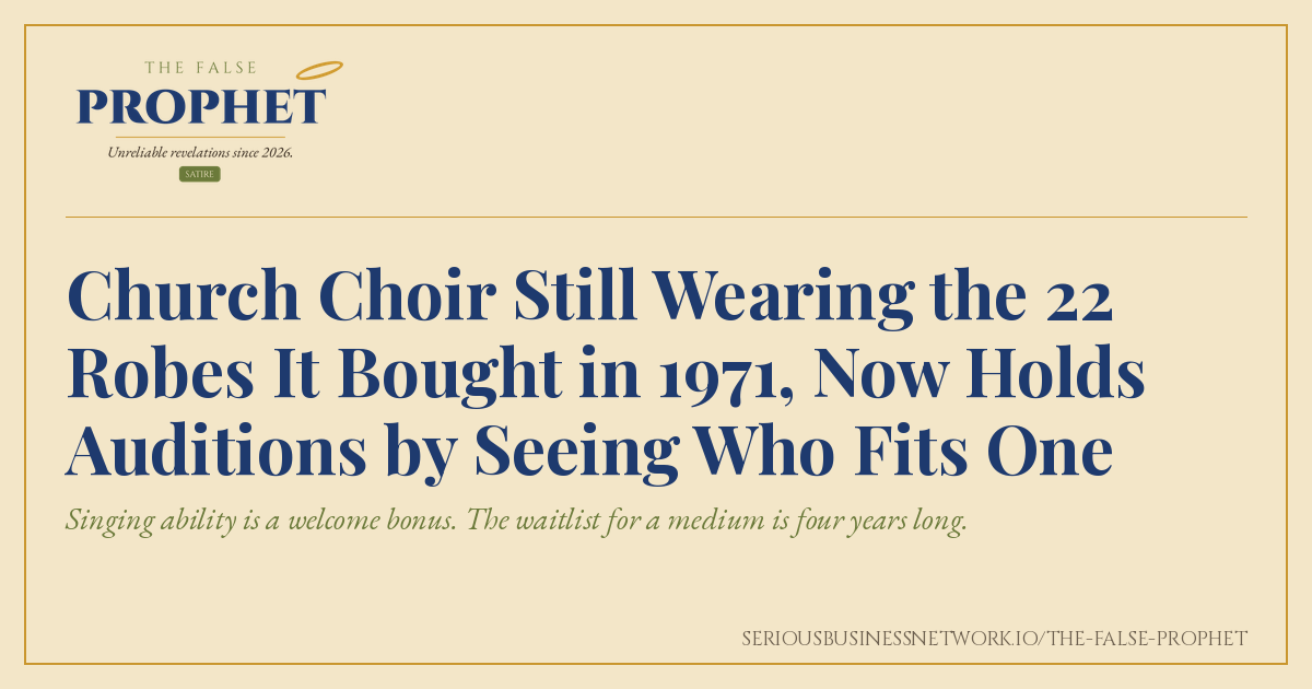 Share card for The False Prophet satire piece about a church choir that picks new singers by whether they fit one of its 1971 robes