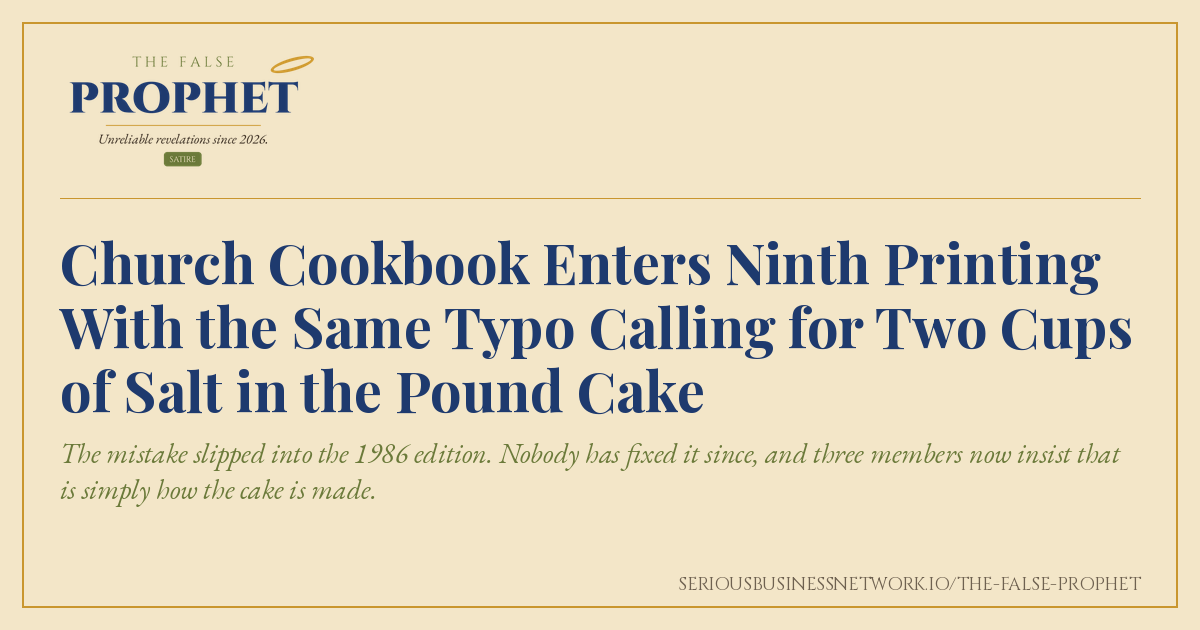 Share card for The False Prophet satire piece about a church cookbook that keeps reprinting a salt typo in its pound cake recipe
