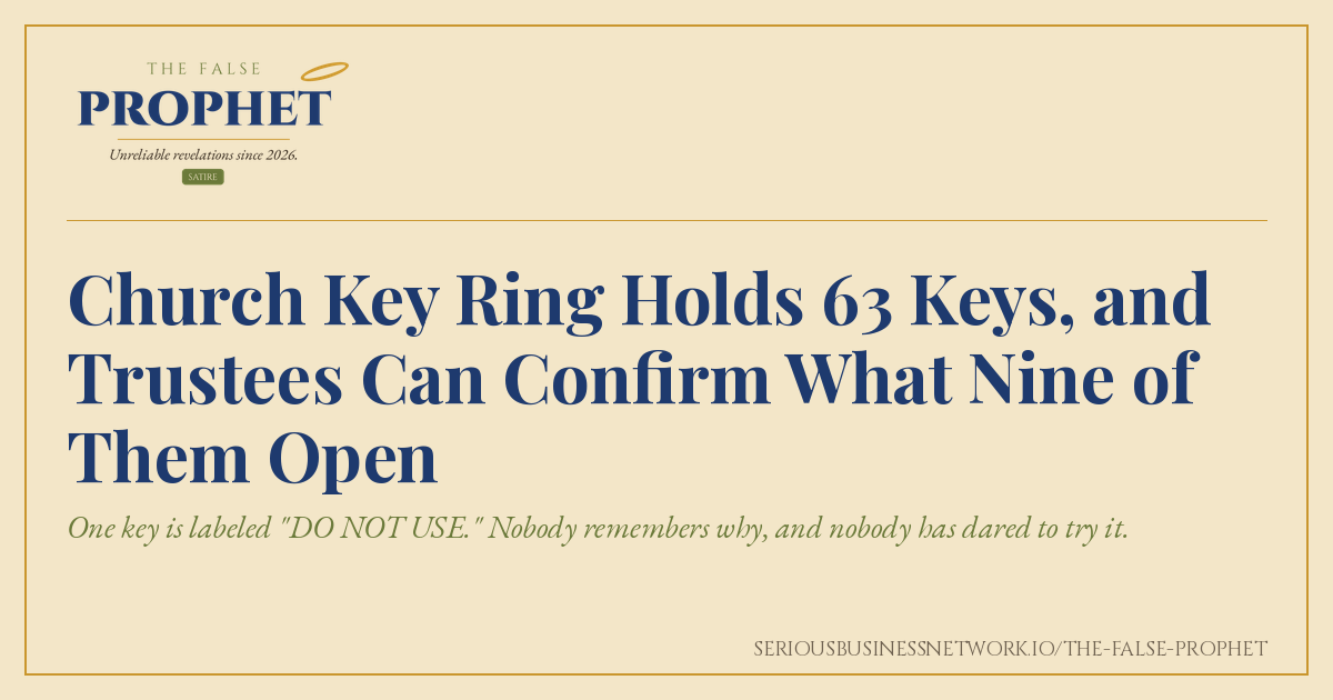 Share card for The False Prophet satire piece about a church key ring with 63 keys that nobody can identify