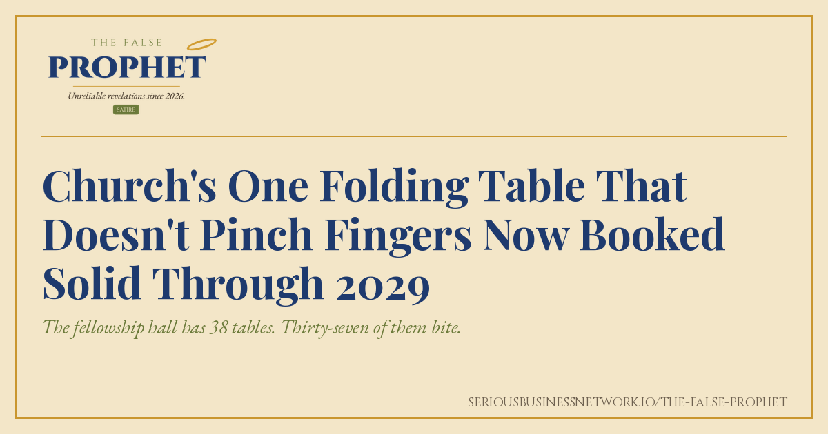 Share card for The False Prophet satire piece about a church's one folding table that doesn't pinch fingers