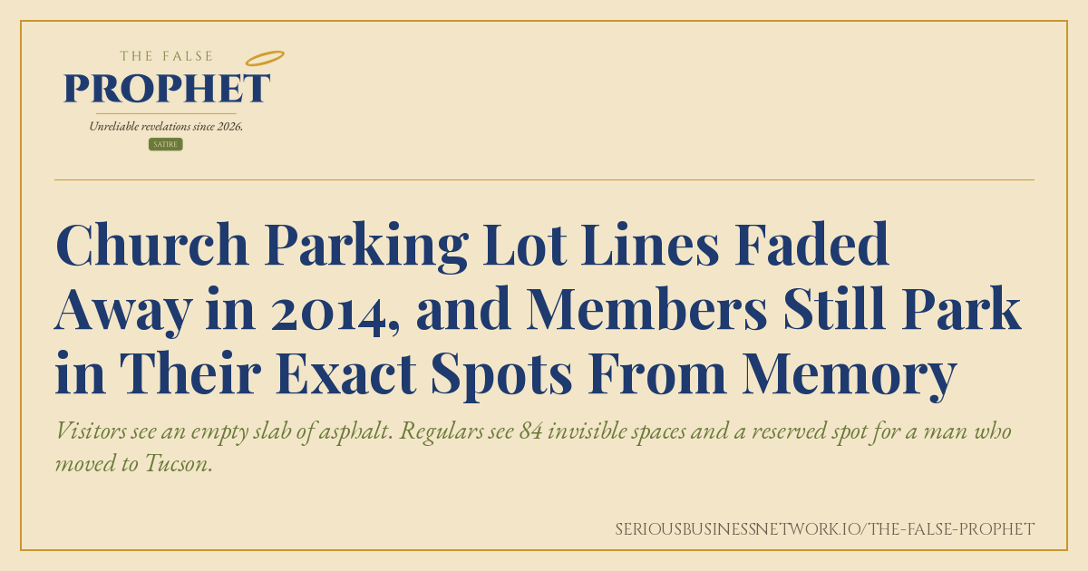 Share card for The False Prophet satire piece about a church whose parking lot lines faded away years ago while members keep parking in their old spots from memory