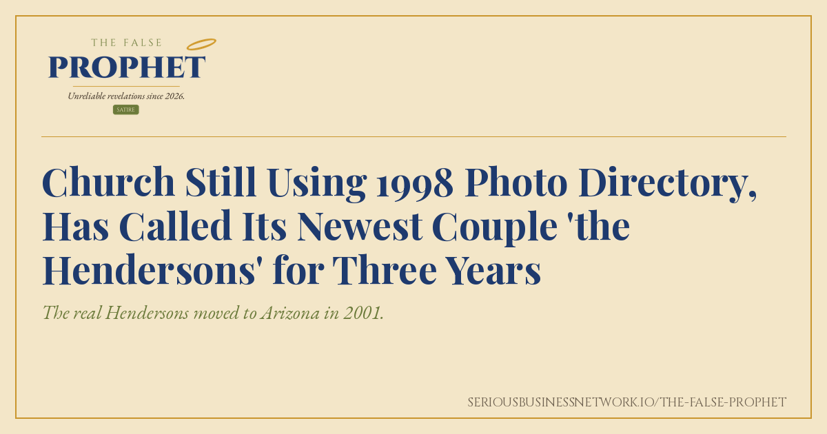Share card for The False Prophet satire piece about a church that still uses its 1998 photo directory