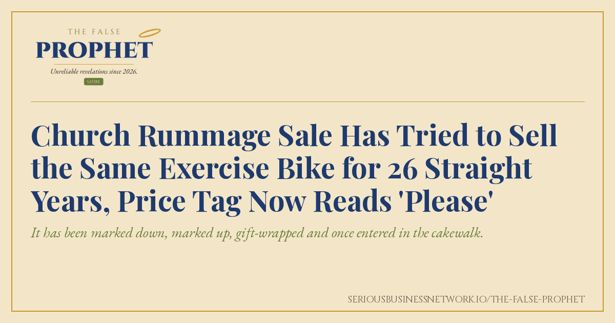 Share card for The False Prophet satire piece about a church rummage sale that has failed to sell the same exercise bike for 26 years