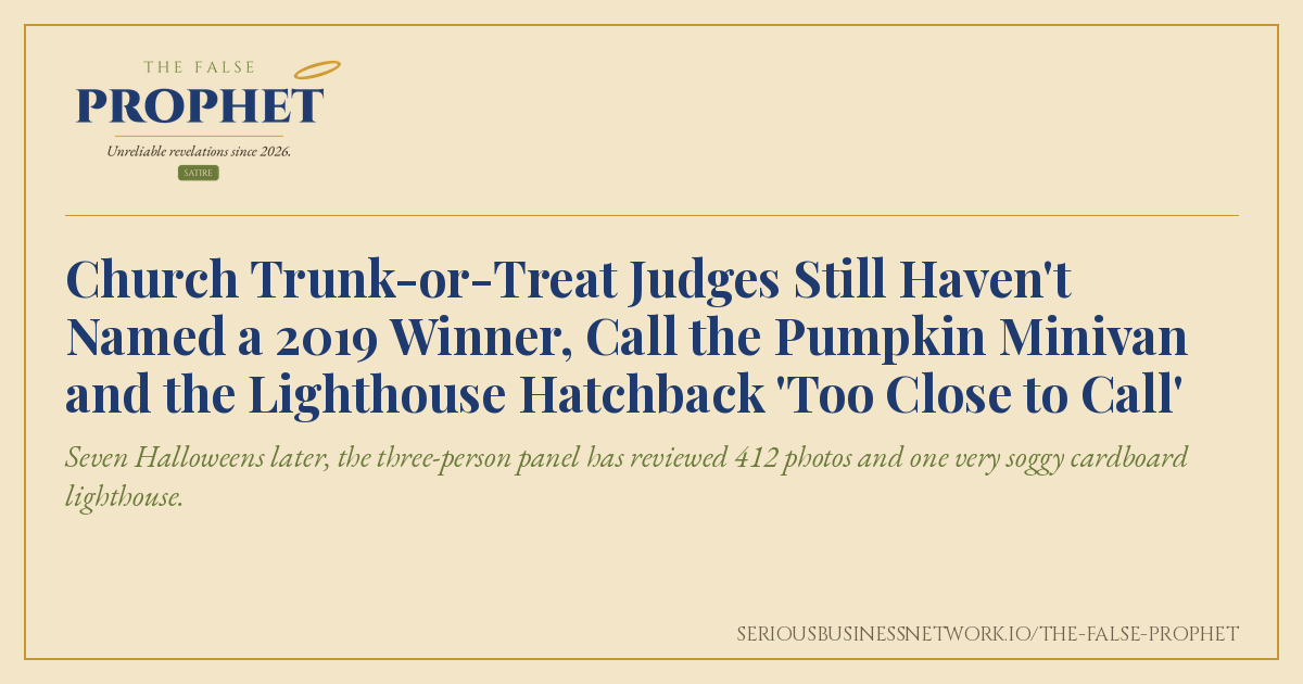 Share card for The False Prophet satire piece about church trunk-or-treat judges who still have not picked a winner from 2019