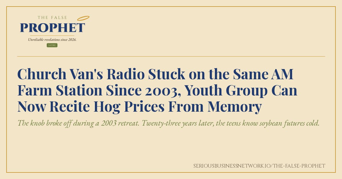 Share card for The False Prophet satire piece about a church van radio stuck on an AM farm station