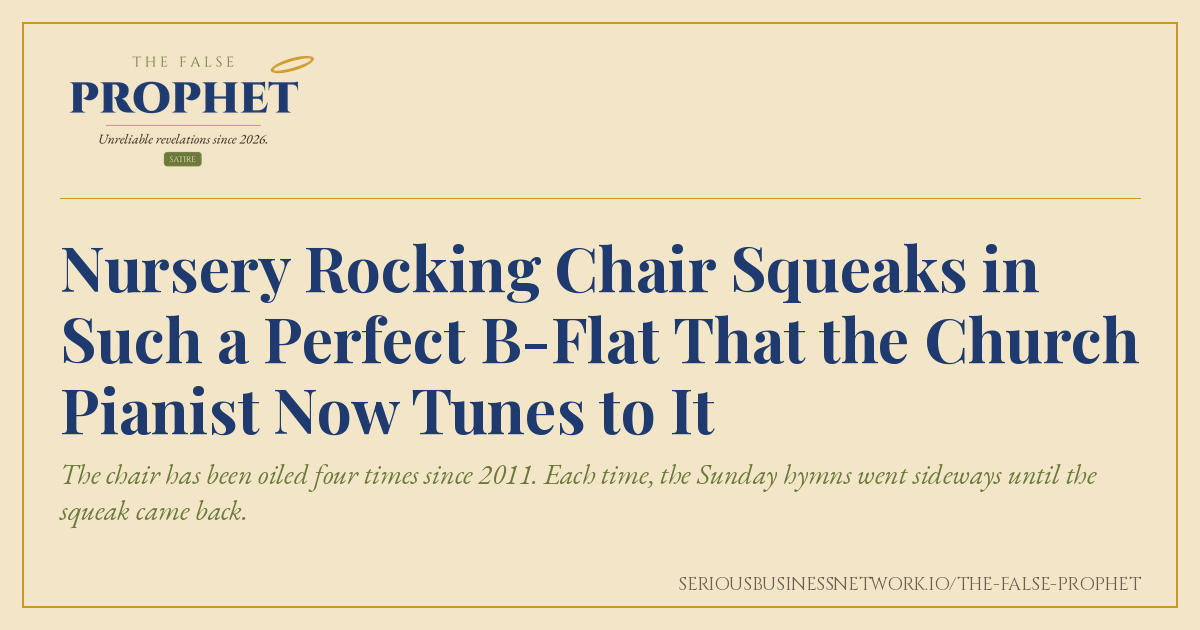 Share card for The False Prophet satire piece about a church nursery rocking chair whose squeak sets the pitch for the hymns
