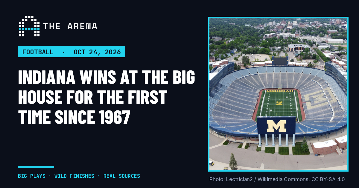 Aerial view of Michigan Stadium in Ann Arbor, with the block M on the field and the scoreboard