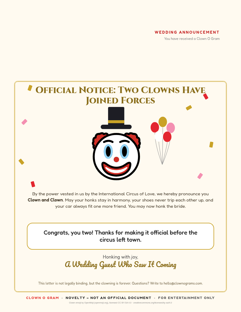 Wedding Clown-gratulations: Official Notice, Two Clowns Have Joined Forces